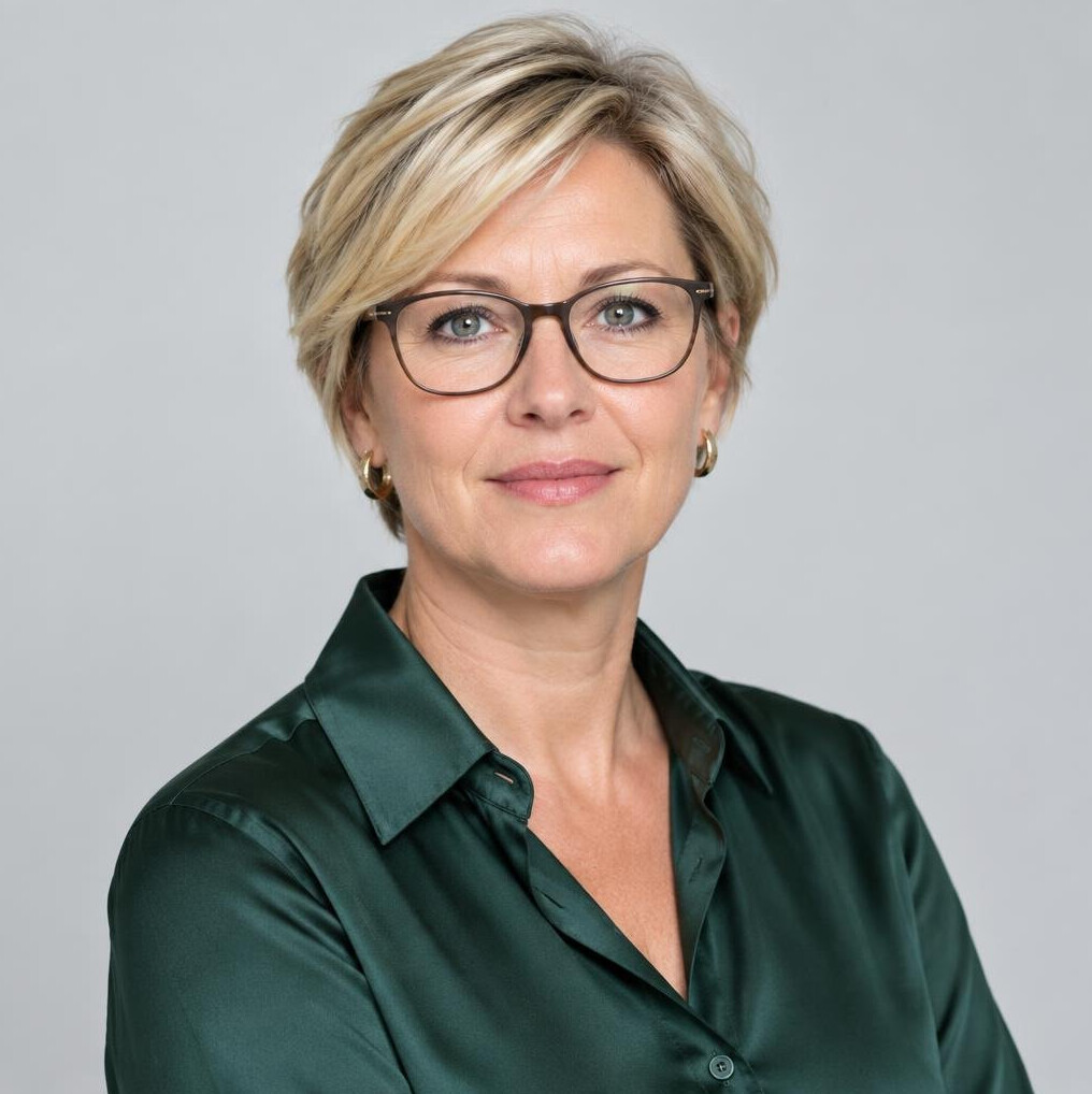Studio portrait of a Belgian woman in her forties wearing a blouse