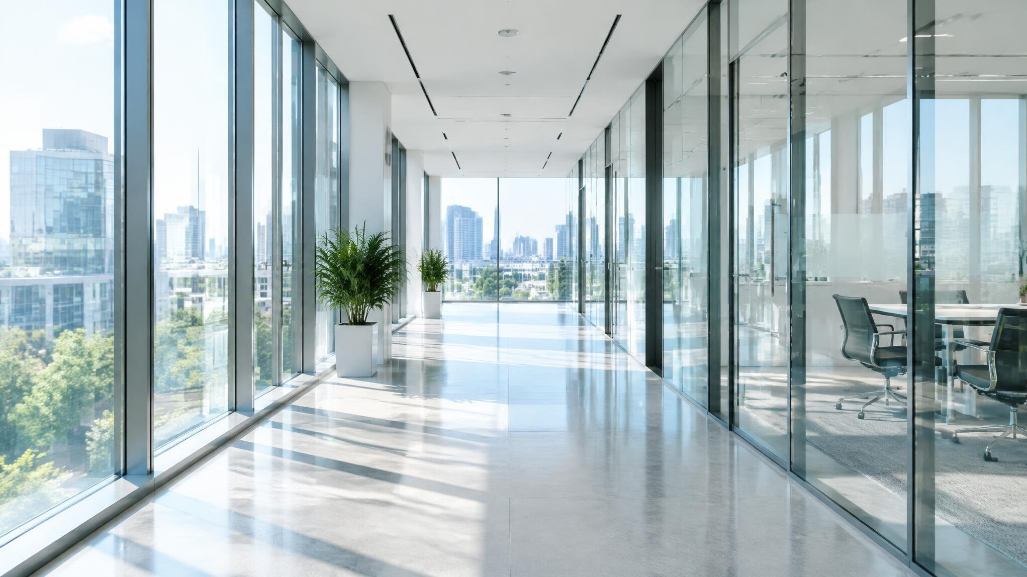 Glass corridor inside a corporate office building