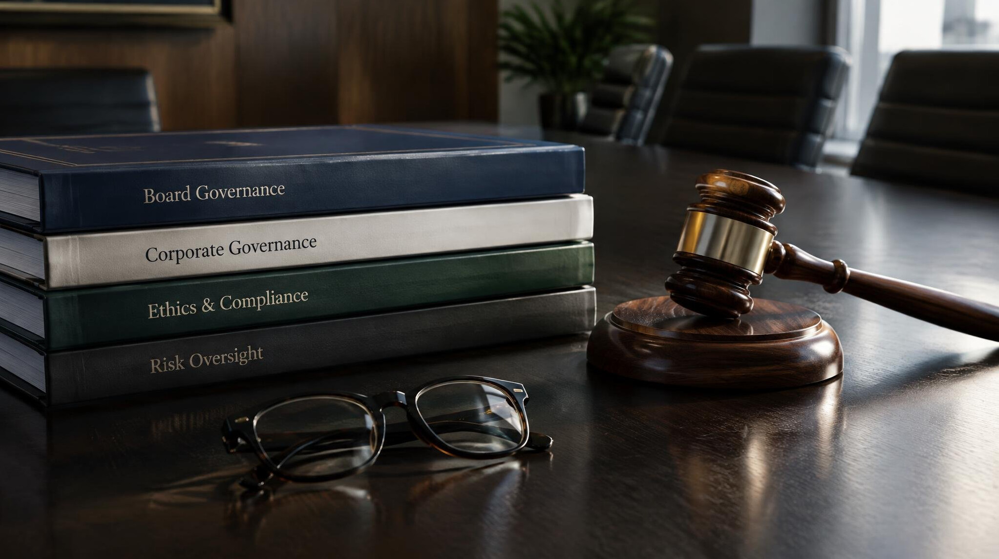 Conference table with documents and a gavel symbolizing governance