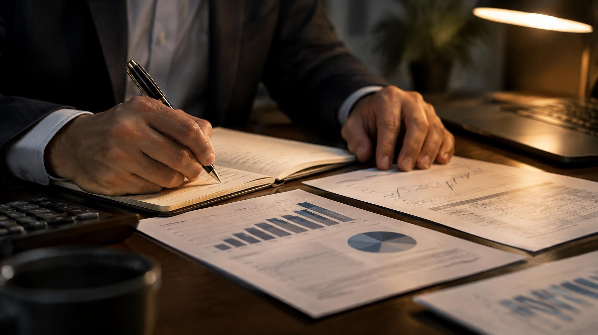 Close-up of hands reviewing printed reports and taking notes on a desk