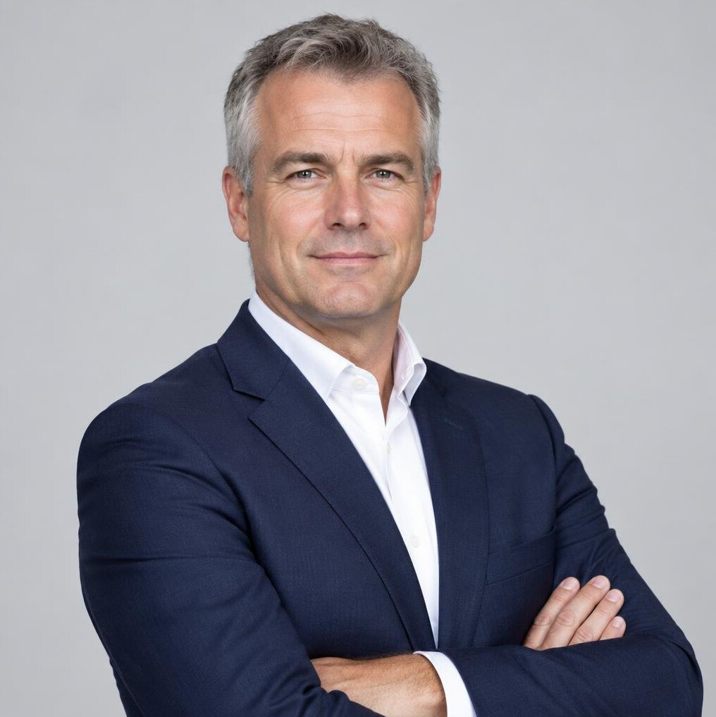 Studio portrait of a Belgian man in his forties wearing a suit
