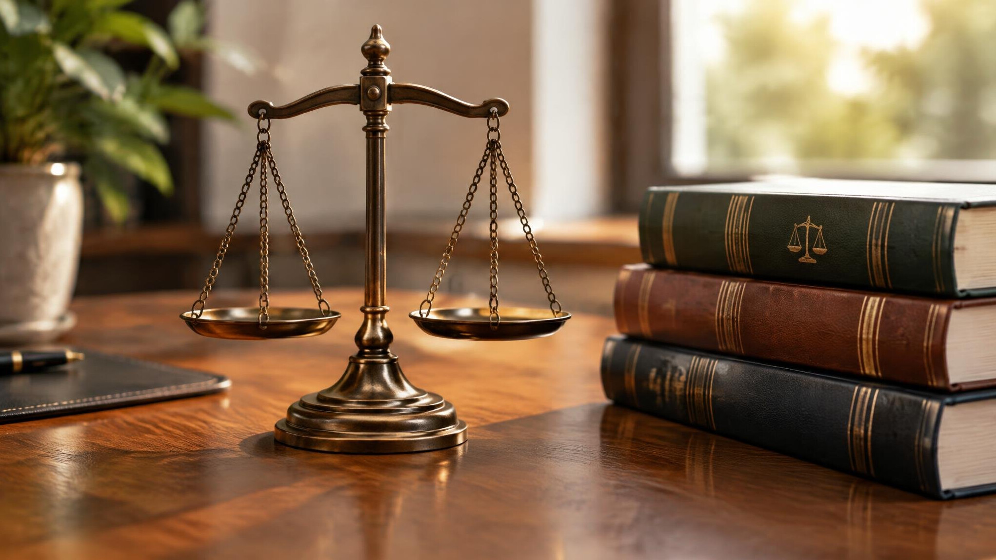 Bronze scales of justice on a wooden desk with law books