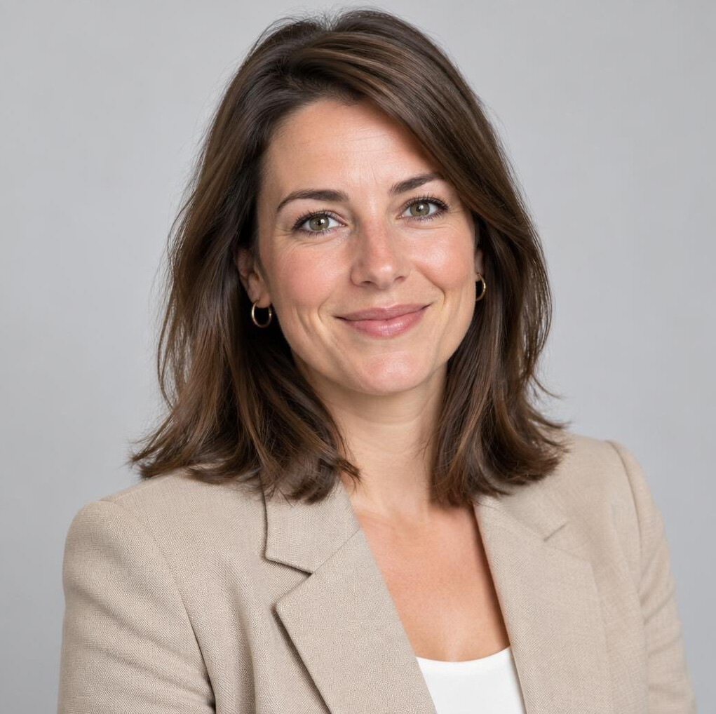 Studio portrait of a Belgian woman in her thirties wearing business attire