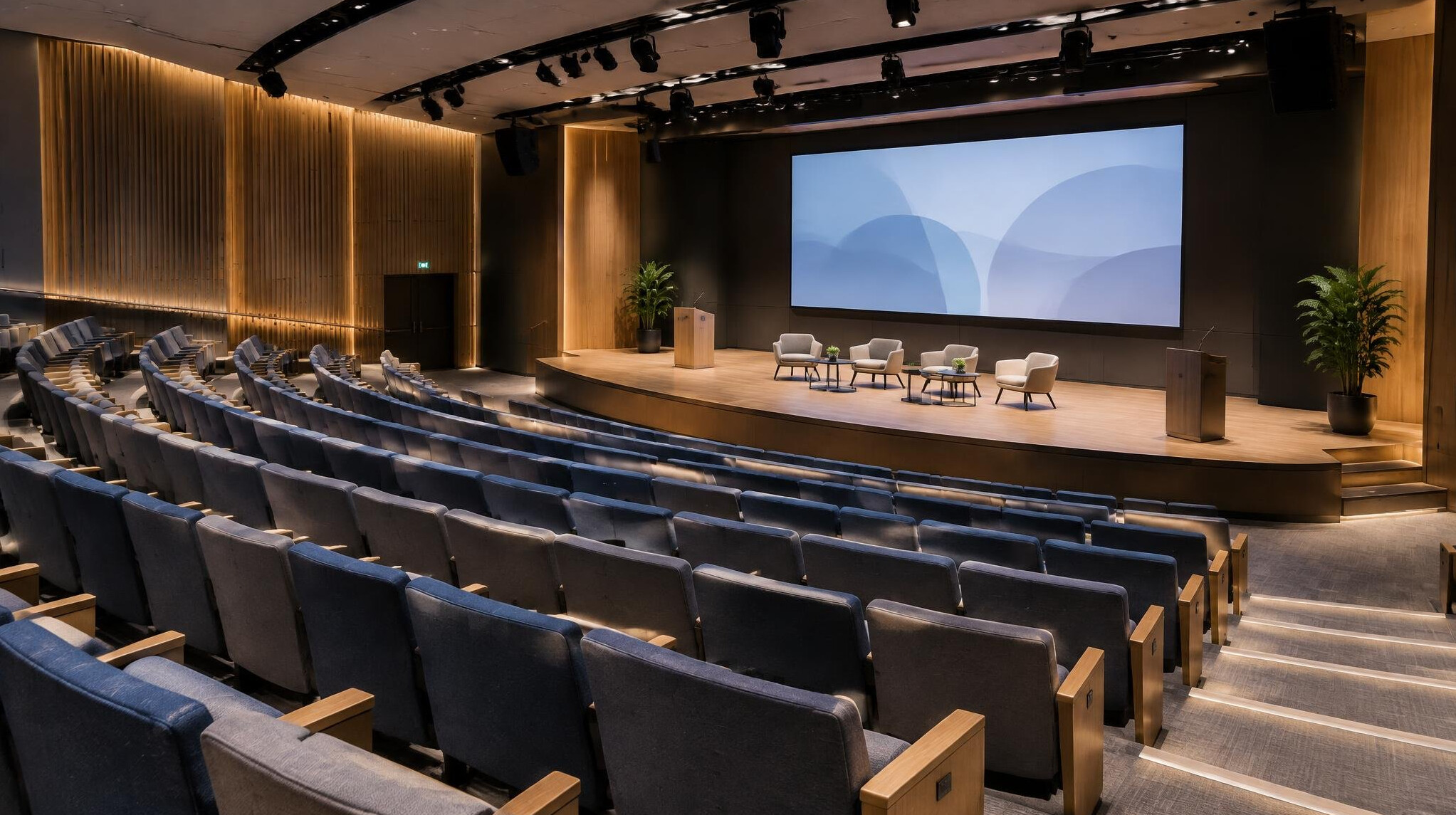 Empty modern conference amphitheater with rows of seats